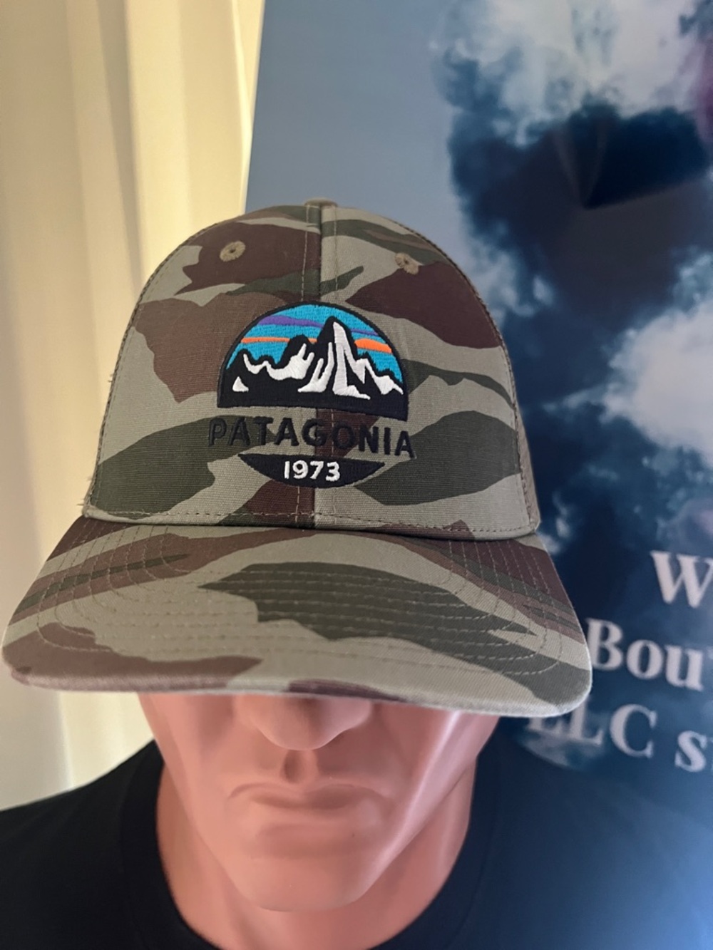 #1816: Unisex’s Patagonia Camo Trucker Hat with Multi-Color Mountain Patch - Picture 3 of 12